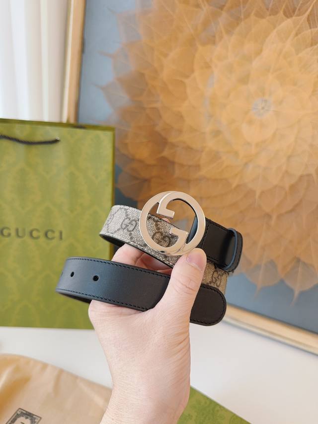 G U C C I 新款圆形互扣式双G搭扣 宽3.0Cm 由原厂进口皮订制专用面料+原厂底皮拼接而成的手工腰带 顶级手工 进口边油 细节层层把控