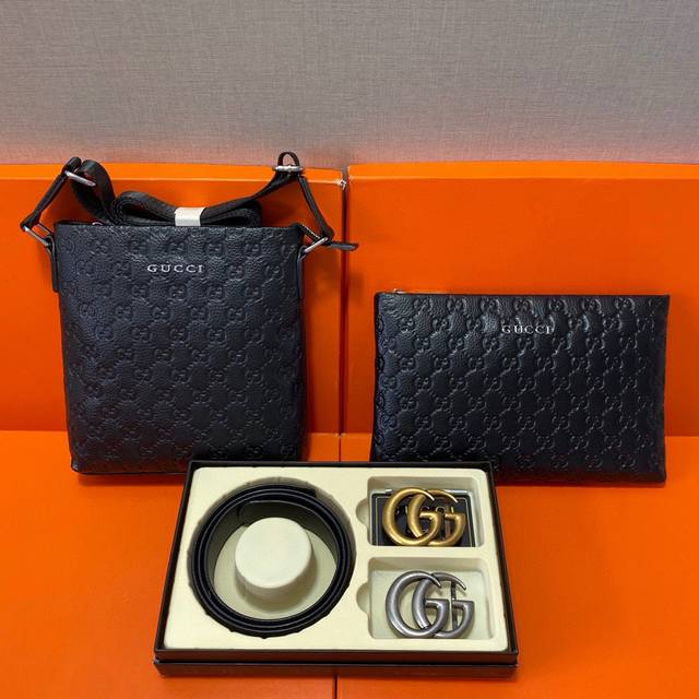 古驰Gucci 头层皮质组合礼盒包装腰带俩款包包超级组合 公文包包是很实用的选择。手提包日常是非常适合的。 双扣皮带：头层皮质带身搭配3.8Cm广州原版扣头 尺