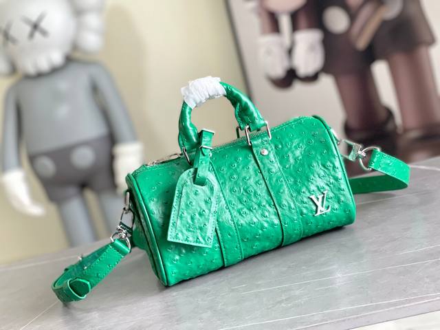 调价 顶级原单M84141黑色.84142绿色.84143蓝色枕头包 本款 Keepall 25 手袋鸵鸟纹 取材 Monogram Eclipse Rever