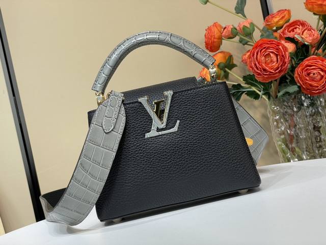 顶级原单复刻独家实拍 Capucines Mini 手袋 M48865 86036 黑色拼鳄鱼纹 本款由牛皮拼接鳄鱼皮纹，奢华的皮衬里，鳄鱼拼饰件，特有的Cap