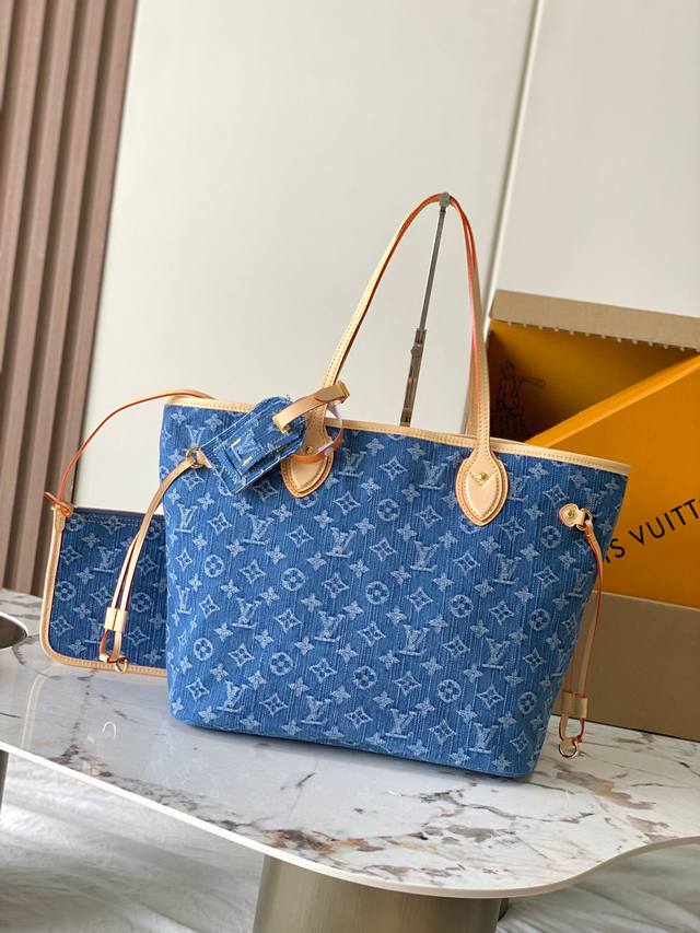 特级Mb163C芯片版原厂皮 本款 Neverfull 中号手袋为 Monogram 丹宁布点缀牛皮革饰边， 型号：M13192牛仔 材料：A级全钢五金，进口原