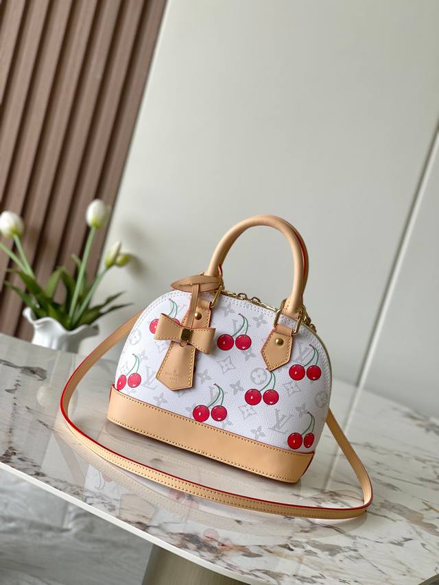 海原外单 独实家拍 M14234白 樱桃 顶级原单加强版半钢五金163C01 Lv X Tm Alma Bb 白花 樱桃 ，Alma Bb手提包作为Louis