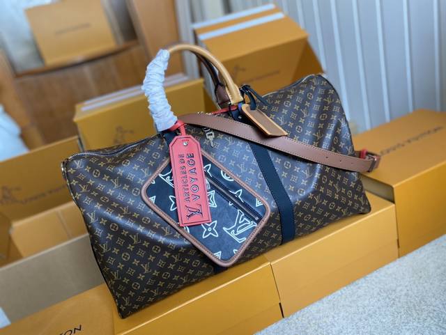 顶级原单 M56855小花 M56856黑花 Keepall Bandouliere 旅行袋Patchwork 拼贴主题融入此款旅行袋，以潮流视角塑就多样风范，