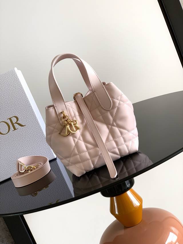 这款微型 Dior Toujours 竖版手袋是二零二五秋季成衣系列新品，时尚实用。采用胭脂粉色牛皮革精心制作，饰以超大藤格纹缉面线，宽敞的内部隔层可收纳各种日
