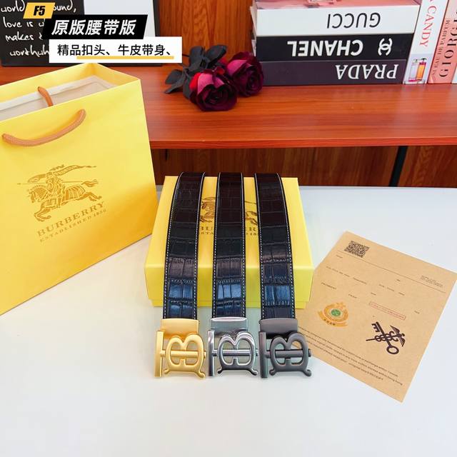 原版品质打孔 品牌：巴宝B家 男款 颜色：黑 扣头：金 银 枪 扣头：原版精品纯铜五金扣头 带身：原版牛皮 尺寸：宽约：3.5Cm 长约：95Cm-125Cm