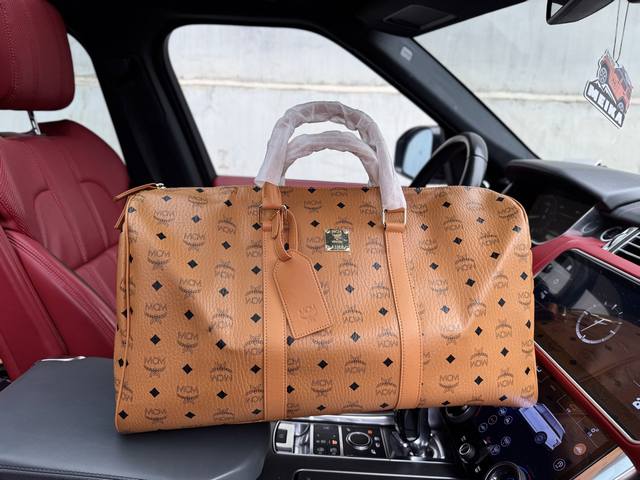 高端货 新款 “ Mcm ”Mcm旅行袋 Mcm旅行袋 Lingot 50 老花压印可拆卸可调节肩带 皮革 旅行袋旅行包 男款 牛皮拼Monogram涂层帆布