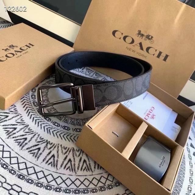 礼物原单货 飞吻]Coach 蔻驰皮带 双面男士腰带双扣礼盒装皮带， 双面都可以用， 精致原版扣，宽度3.8Cm私密渠道！专柜原单。