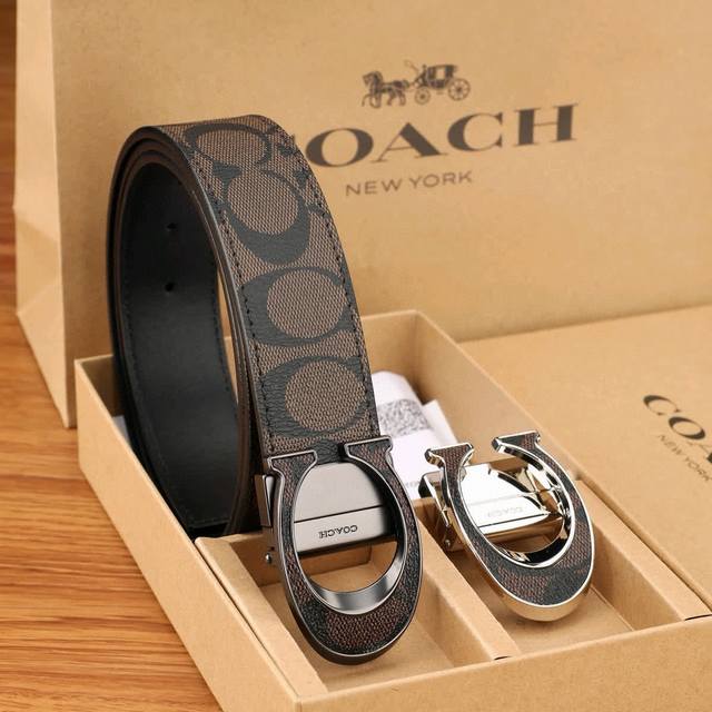 一带一扣 一带双扣 蔻驰Coach 男款 牛皮 马车夫印花配C扣，太洋气了 蔻驰男士腰带礼盒，可自由截取长短、双面双色，配2个的扣头 买一盒等于4条皮带。 送礼