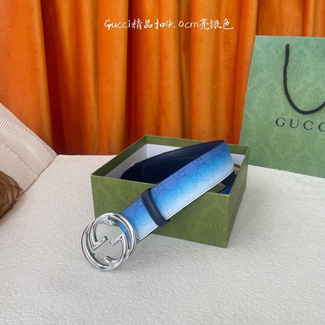 Gucci 新款渐变色蓝色面 搭配同色系深蓝色皮底 精品铜扣 宽4.0Cm 经典永不过时款 潮流大方 时尚百搭