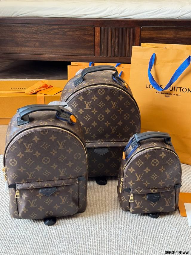 复刻版 牛皮 原单 Palm Springs 大号书包 顺滑拉链 1:1 24K “原单小辣椒专业老花Pvc 牛皮版本 全方位对花” 老花小辣椒双肩包 注意提手