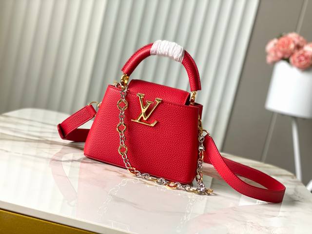 出厂价P 特级精品动态芯片M12936 M48865红色圆花环扣款本款Capucines 手袋取材柔韧Taurillon 牛皮革 以珠宝风格双镀链条和 Mono