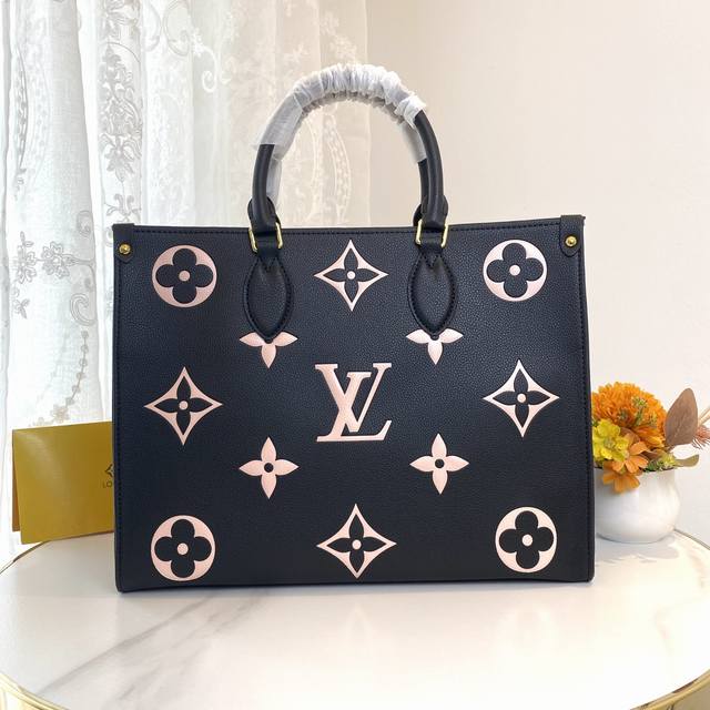 M45494，升级原版 M46542 Onthego 中号手袋，45495，45496，45982，M44571 Monogram 图先案印染后压印软柔于粒面牛