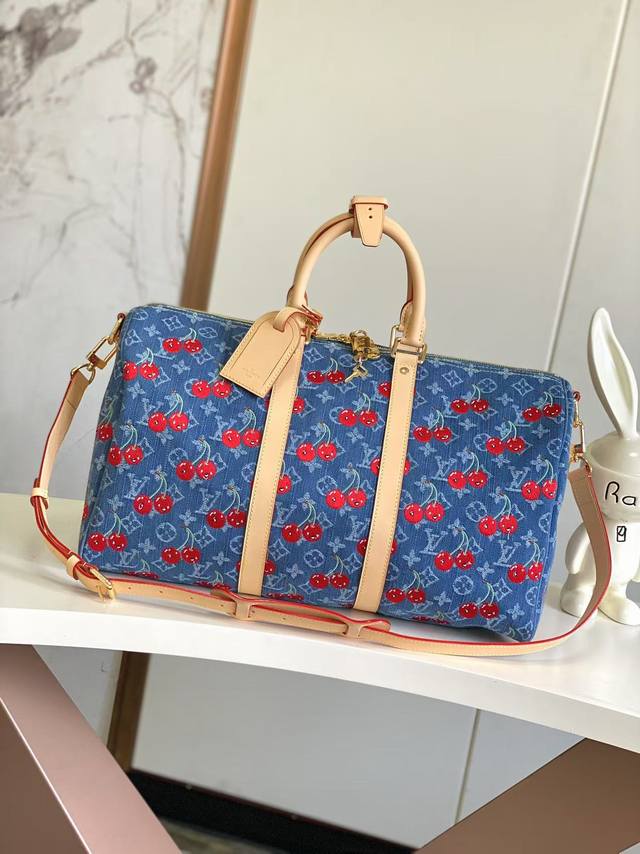 海原外单 独实家拍 半钢163芯片 驴家出品顶级原单M13875樱桃本款 Keepall BandoulièRe 45 旅行袋出自路易威登 X 村上隆复刻系列，