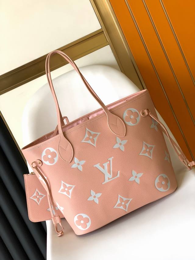 顶级原单Neverfull 中号手袋.46329 粉色 丝印 Tote Mm手提包是由压花的蒙太诺皮革与奶油色的单色条纹和Lvs在粉红色的背景。多功能，宽松的袋