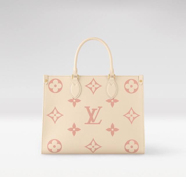 顶级原单M21575 奶油白拼粉色丝印 本款 Onthego 中号 Tote 包将 Medium Monogram 图案先印染后压印于柔软粒面牛皮革，其充裕内里
