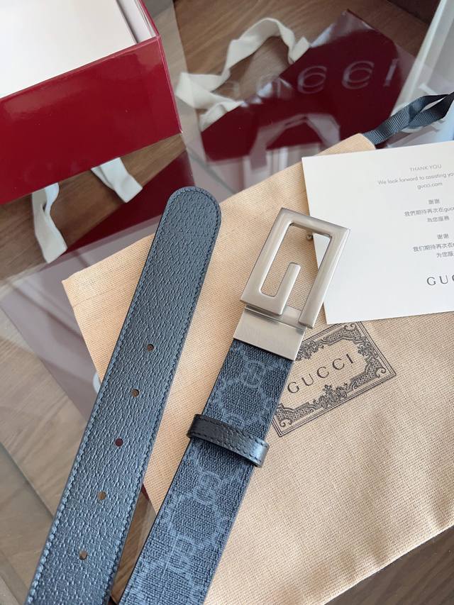 Gucci Supreme Pvc老花 黑猪皮纹底 宽度3.5Cm 复古Gg旋转扣[原单精品扣] 双面可用 可裁剪