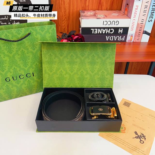 1带1扣 1带2扣 古奇G家 滑道 双扣版 1带2扣 正版开模 此款腰带双面采用原厂牛皮带身，精密电镀标志性五金搭扣 对版专柜。3.8Cm 如需木盒40