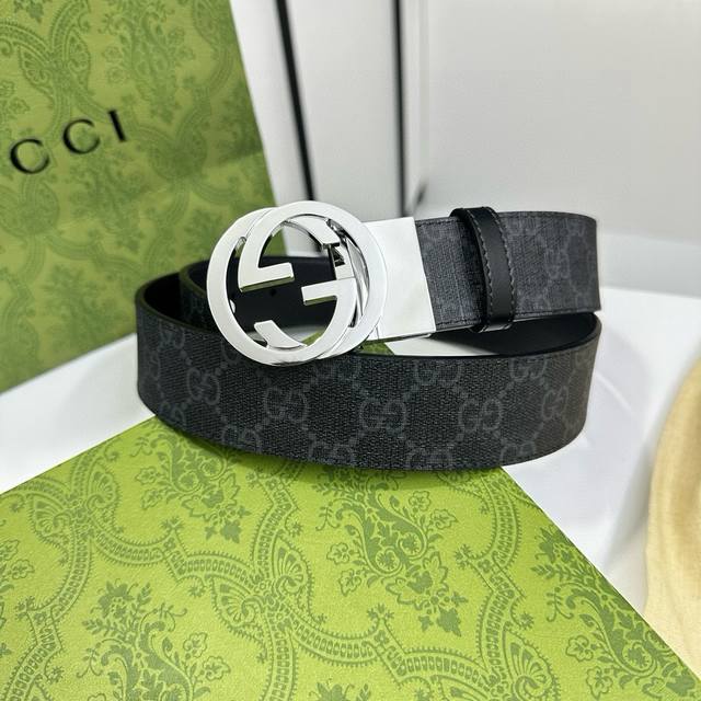Gucci 黑灰Pvc老花 小牛皮黑底 宽度3.5Cm 圆双G旋转扣 双面可用 可裁剪