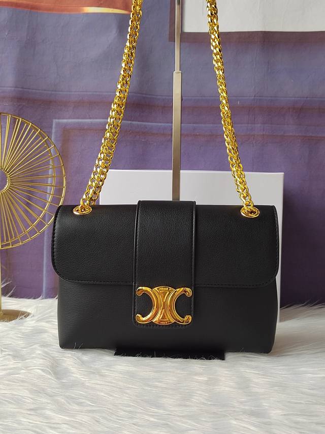 款号115853黑色斜挎和肩背中号牛皮革手袋，金色饰面，两个隔层，中央拉链口袋，尺寸：25Cm-15Cm-8Cm