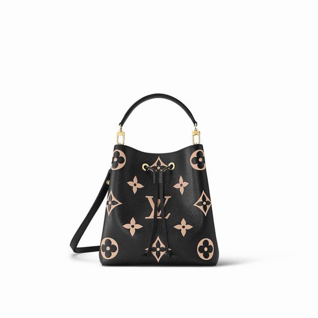 顶级原单M45497 黑色M45497白印M45555杏色 本款 NéOnoé 中号水桶包将 Lv 字母和 Monogram 花卉先印染后压印于皮革，以瞩目观感