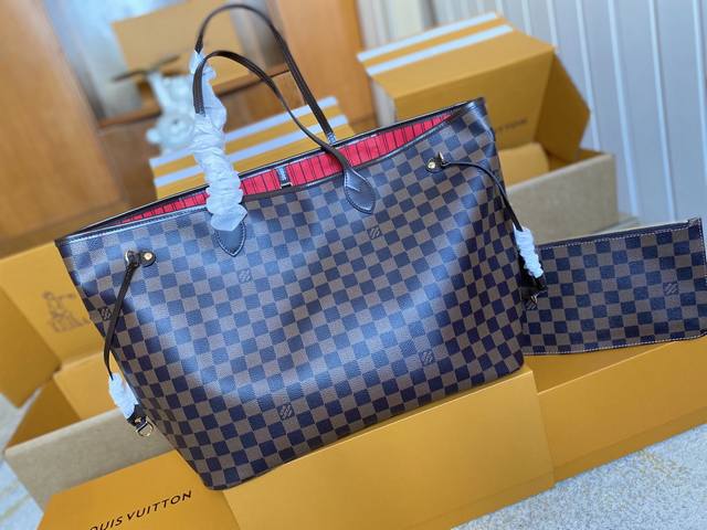 顶级原单 N41357咖啡格红里 支持Nxp芯片感应N41357 Neverfull 大号托特包为 Damier Ebene 帆布勾勒牛皮革饰边，于宽敞构型融入