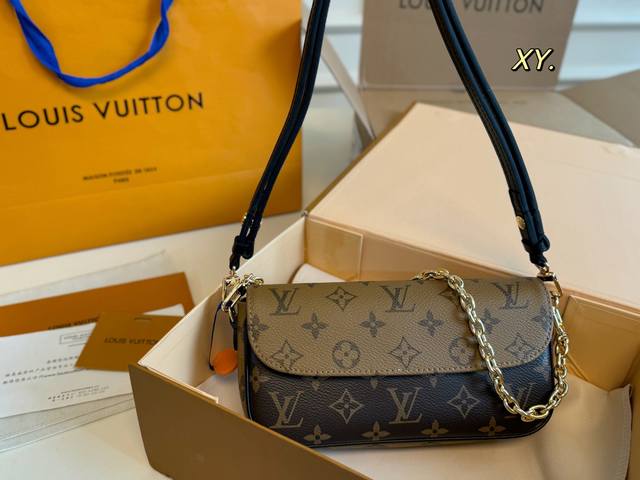 折叠盒飞机盒 Size：22×10 Lv路易威登Ivy麻将包腋下包 经典老花翻盖腋下百搭设计， 拆卸金属链条可调节皮质肩带 变码芯片 小巧的包身背起来俏皮可爱～