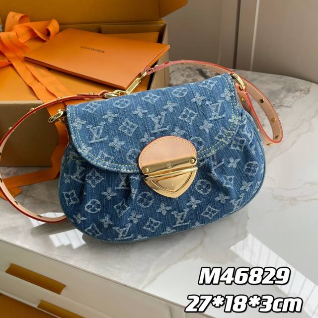 163C01 芯片版 内部价p 款号： M46829， 原单加强版 独家实拍背景图 Sunset 手袋聚焦 Monogram Denim 帆布。该材质依托多重工