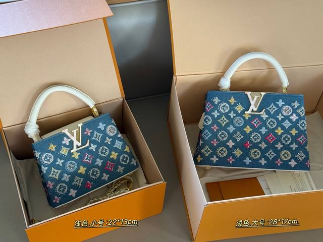 配盒 Size ：22*13Cm 小 28*17Cm 大 L家 Capucines手袋 Taurillon牛仔水钻！ 感觉低调 但有奢华质感 ！！ 经典！经典！