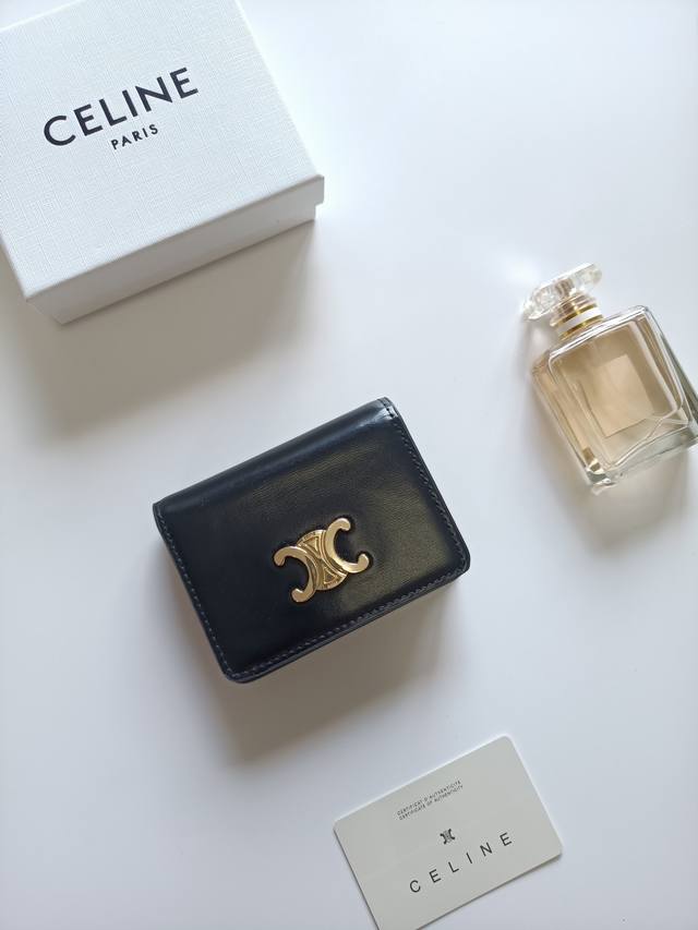 Celine经典卡包，Triomphe名片包，牛皮大面内配平纹超纤Triomphe Canvas标志印花,金色饰面Triomphe金属按扣开合，1个拉链零钱袋，