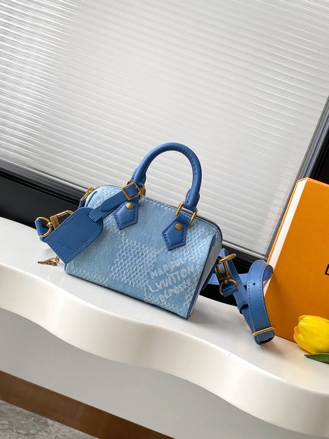 动态163C芯片 顶级原单加强版 N00208 Speedy 18 BandoulièRe 手袋取材 Damier Denim 3D 棉质帆布，搭配皮革饰边和耀