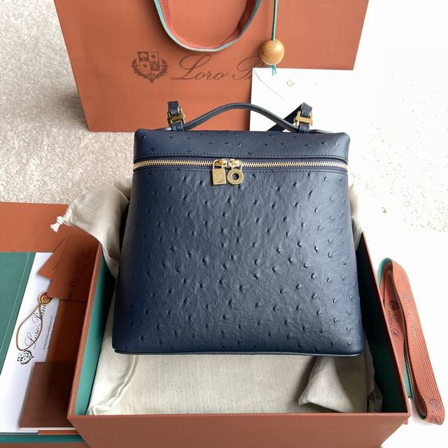 特价 Extra pocket Lp30 鸵鸟纹系列#午夜蓝 进口原厂皮+纯钢金色五金 100%小牛皮鸵鸟纹制作主体材质~100%羊皮里料# 高端驼鸟纹双肩包拥