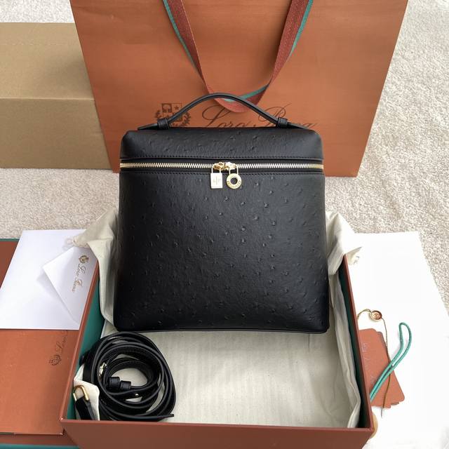 特价 Extra pocket Lp30 鸵鸟纹系列#黑色 金扣 进口原厂皮+纯钢金色五金 100%小牛皮鸵鸟纹制作主体材质~100%羊皮里料# 高端驼鸟纹双肩
