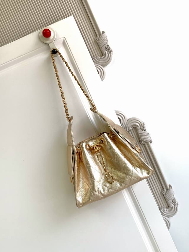 现货As5293Chanel 25款又一个以年份命名的款， 25C球纹皮嘻哈包 香奈儿Hobo 腋下包 嬉皮腋下包小号 复古金币纽扣抽绳水桶包+菱格纹+复古黑金