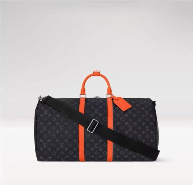 M15253黑花橘红55Cm 163C01变码芯片Keepall 55旅行包采用Monogram Eclipse帆布制成，其翼缘、边框和侧边带均采用活泼的皮革色