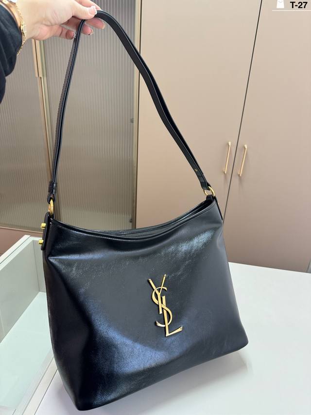T-27尺寸36×26 Ysl圣罗兰 圣罗兰油蜡皮黑银Hobo腋下包购物袋酷酷女孩的本命包包！出门逛街旅游随便背