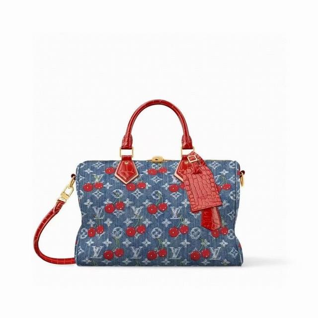 N87627 樱桃系列 配鳄鱼纹顶级原单 动态163 本款 Speedy Soft 30 手袋依托路易威登精湛漂白工艺，于棉布表面描摹诞生于 2005 年的 M