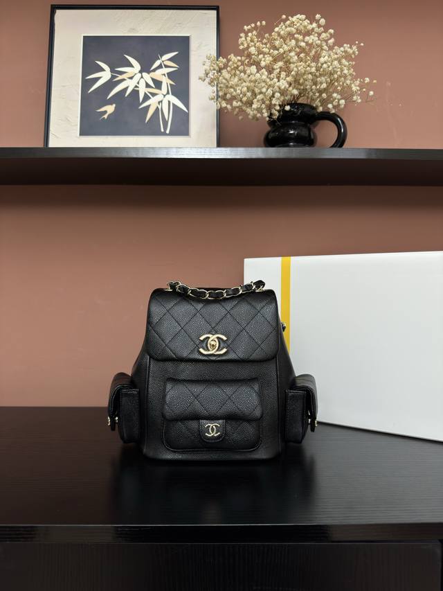 图片大号 Chanel 23K 背包双肩包 DDD As4398#黑色球纹浅金独家背景 DDD 实物实拍顶级质量货尺寸21.5*19.5*12Cm DDD
