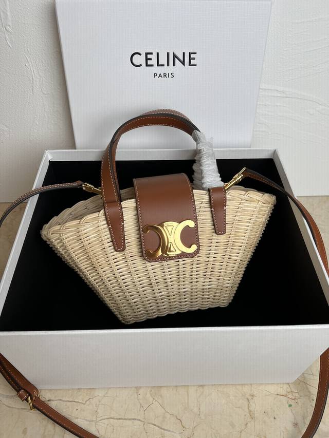 正品级 Celine度假系列菜篮子 天然柳条竹编＋牛皮 尺寸：32*14*7Cm 型号：116572