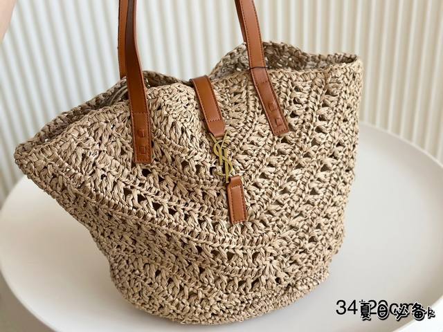 Size：34*29 Ysl度假拉菲草托特 真的好想去度假 搜索编织 购物袋