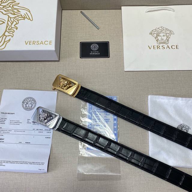 品牌：范思哲 元 等级：定制牛皮、新款开模。带宽3.5厘米.油边精致 电脑车线 实物拍摄无修饰 上身效果超好、配专柜全套包装.送礼自带首选。 扣头：钢扣。 长度