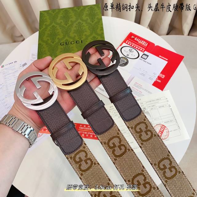 Gucc古奇g家 原单新品 带身采用雙面意大利進口原廠牛皮纹 非市场普通版本 黑色经典配色 百搭适合各种场合 扣头精品设计注意细节 宽度3.8Cm