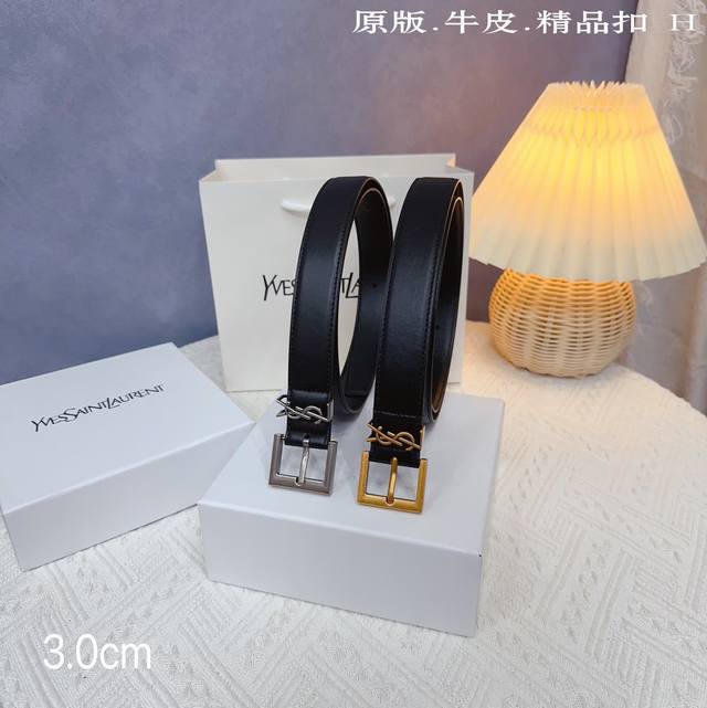 原版品质打孔 品牌：Ysl家 女款 颜色：黑 扣头：金 银 扣头：原版精品纯铜五金扣头 带身：原版牛皮 尺寸：宽约：3.0Cm 长约：95Cm-110Cm 类别