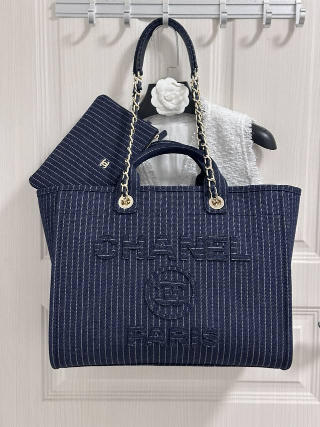 24C Chanel Shopping Bag 条纹牛仔 沙滩包大号38Cm 即百搭又耐看