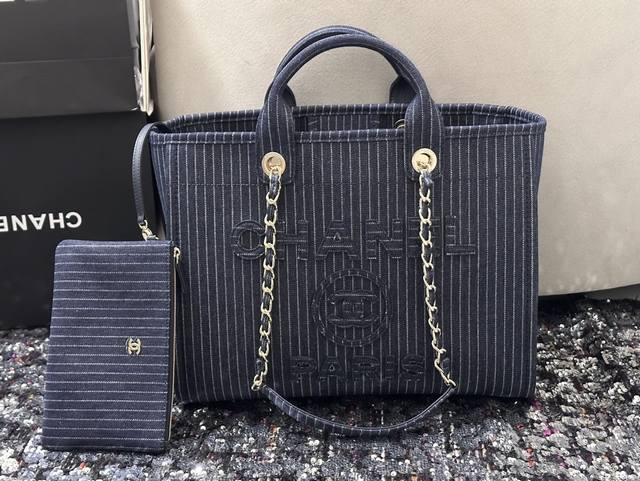 24C Chanel Shopping Bag 条纹牛仔 沙滩包大号38Cm 即百搭又耐看