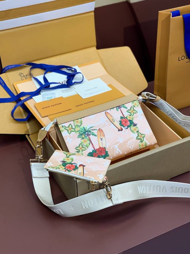 出厂价 升级版本m83466 卡其！变码芯片！Gaston可穿戴钱包由夏季monogram Surfin'帆布制成，Pharrell Williams的印花结合