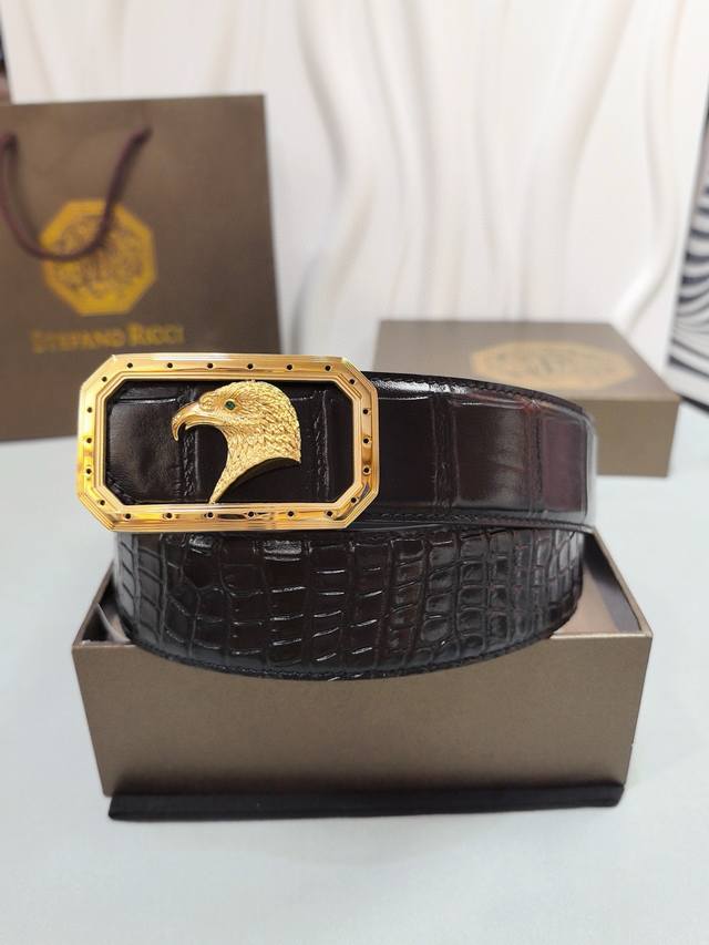 史蒂芬专柜同步新款 意大利原厂原版定制头层鳄鱼肚纹，316纯钢18K电镀精品扣头 ，3.8Cm，内穿式，实物拍摄 质感看得见