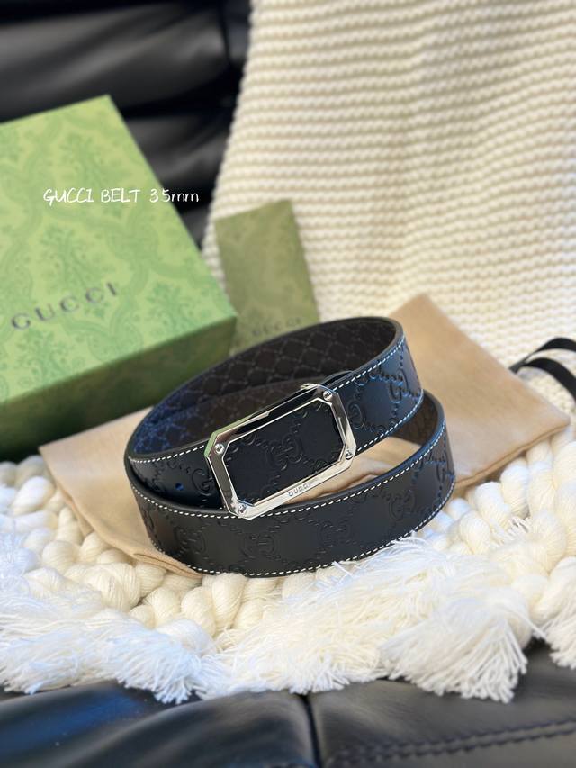 Gucci经典款头层压g花 进口原厂皮 宽3.5Cm 镂空四方版扣 高质量