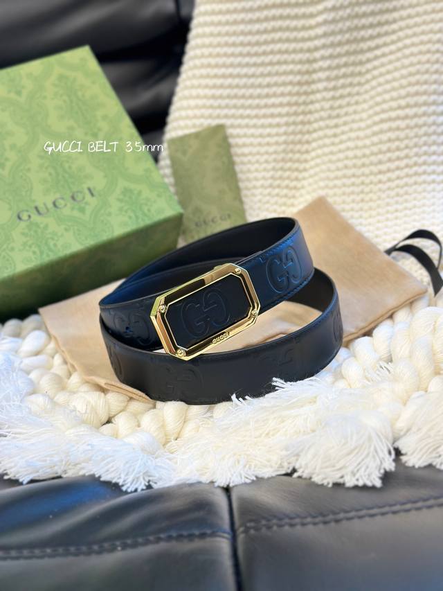 Gucci经典款头层压g花 进口原厂皮 宽3.5Cm 镂空四方版扣 高质量