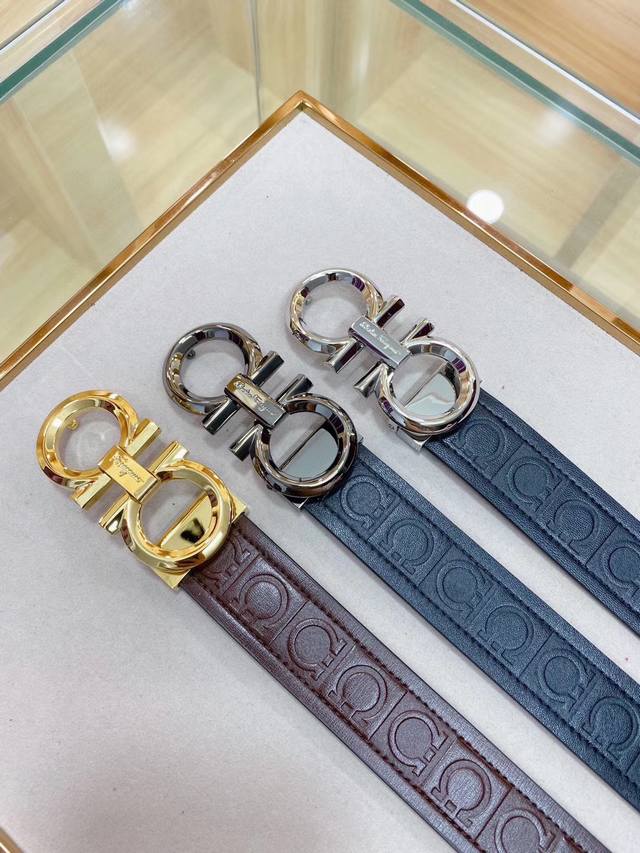 菲拉格慕 3.5Cm 宽度 实物拍摄！男士轻奢腰带，双面原版头层牛皮内衬磨砂皮 精品纯铜抛光五金，是休闲与正式装束的理想配饰，送礼自用首选，〔全套包装礼盒〕质量