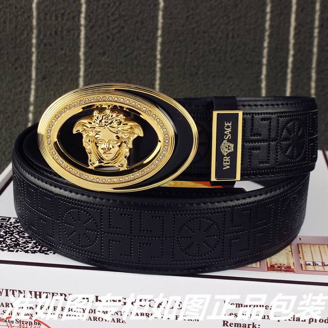 品名：范思哲.Ver Sace镶钻 型号：认准如图专柜包装，赠送打孔器 材料：百分百头层牛皮，保证真皮。美人头钢扣，镶钻工艺专柜同等质量， 送人自用首选 包装：